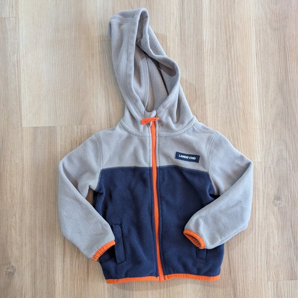 Lands' End | Hooded Fleece Jacket Navy Gray Orange Full Zip | Boys 2T